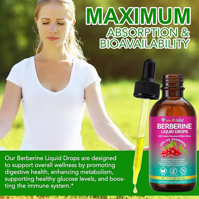 Berberine Supplement Liquid 60ml, Berberine with Ceylon Cinnamon, Berberine Drops with Turmeric Curcumin, Bitter Melon, Immune Support, Digestive Health Support
