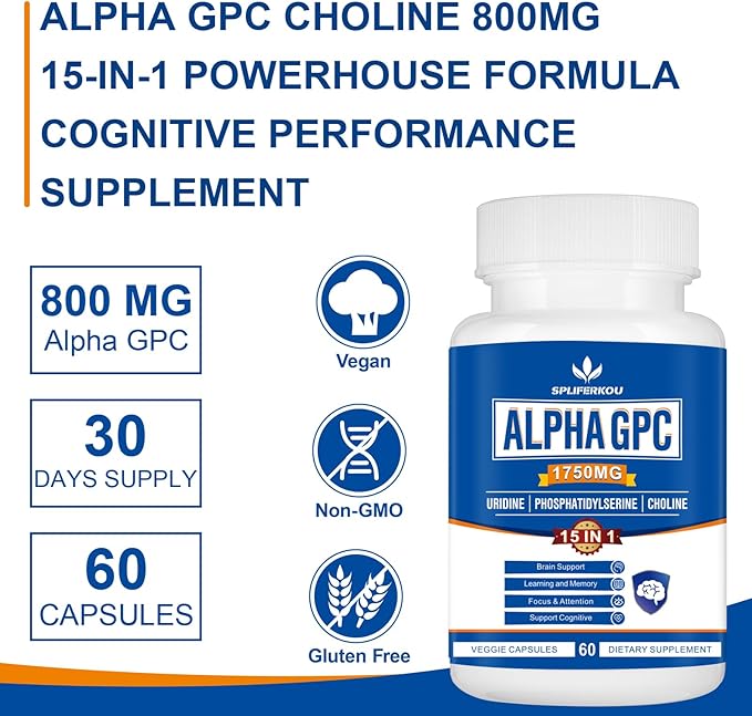 15-in-1 Alpha GPC Supplement with Phosphatidylserine, Uridine, L-Theanine, Lion's Mane Mushroom, 60 Capsules