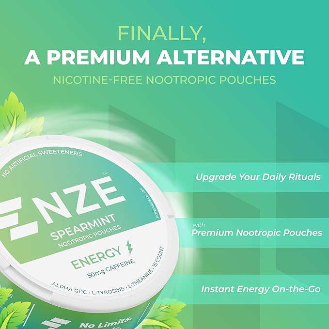 NZE Caffeine Nootropic Pouches (Spearmint) - Energy Pouches with 50mg Caffeine, Alpha GPC, L-Tyrosine & L-Theanine with No Sugar or Artificial Sweeteners - 15 Nicotine Free Pouches Per Can - 5 Pack