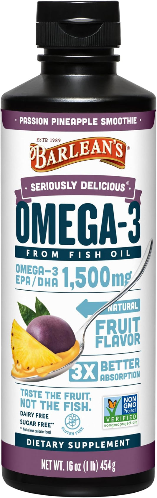 Barlean's Passion Pineapple High Potency Omega 3 Fish Oil Liquid Supplement, 1500mg EPA & DHA Fatty Acid, Smoothie Flavored & Burpless for Brain, Joint, & Heart Health, 16 oz