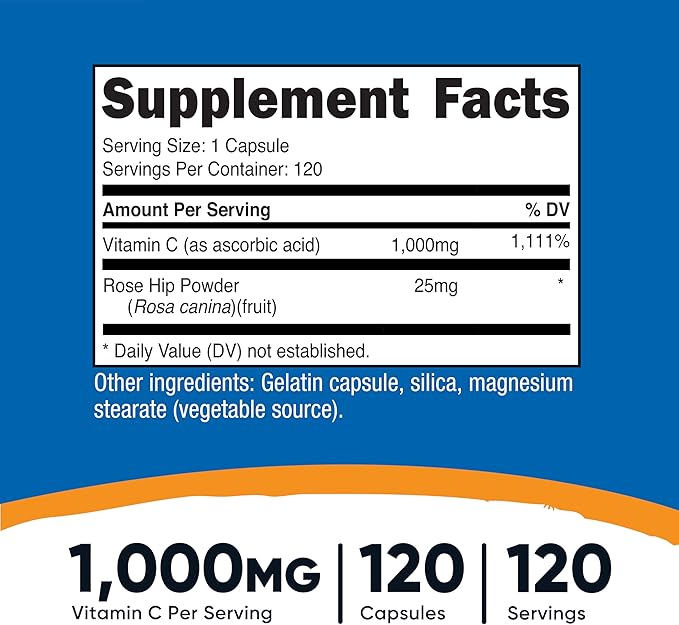 Nutricost Vitamin C with Rose HIPS 1025mg, 120 Capsules - Vitamin C 1000mg, Rose HIPS 25mg, Premium, Non-GMO, Gluten Free Supplement