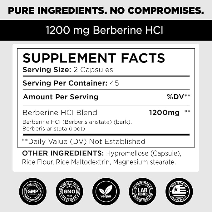 Ultra High Strength Berberine HCL 1200mg Supplements | 90 Vegan Capsules | Organic Berberine Supplement for Metabolic Support and Overall Health | Perfect for Men and Women - Made in USA