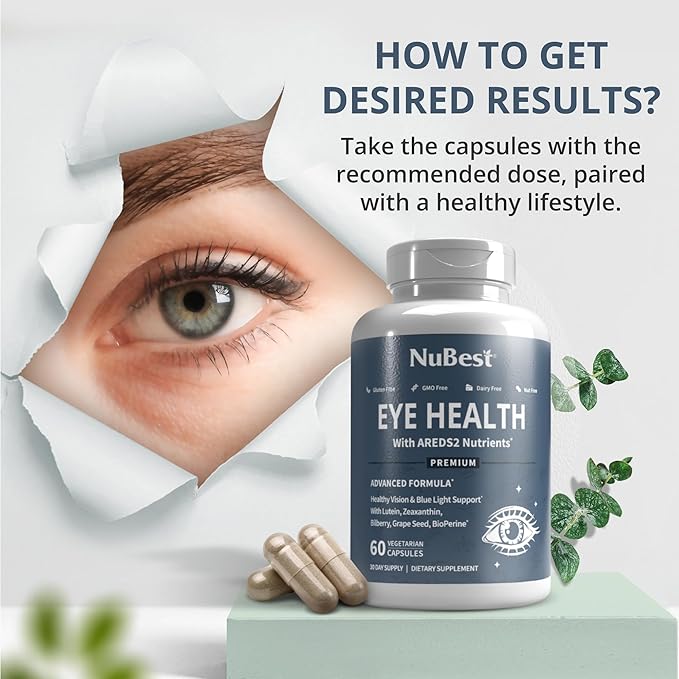NuBest AREDS 2 Eye Vitamins with Beta Carotene Carrot Powder, 20mg Lutein, 4mg Zeaxanthin, Bilberry, Grape Seed, BioPerine, B-Complex, Multivitamin for Eye Health | 60 Vegan Capsules | 1 Month Supply