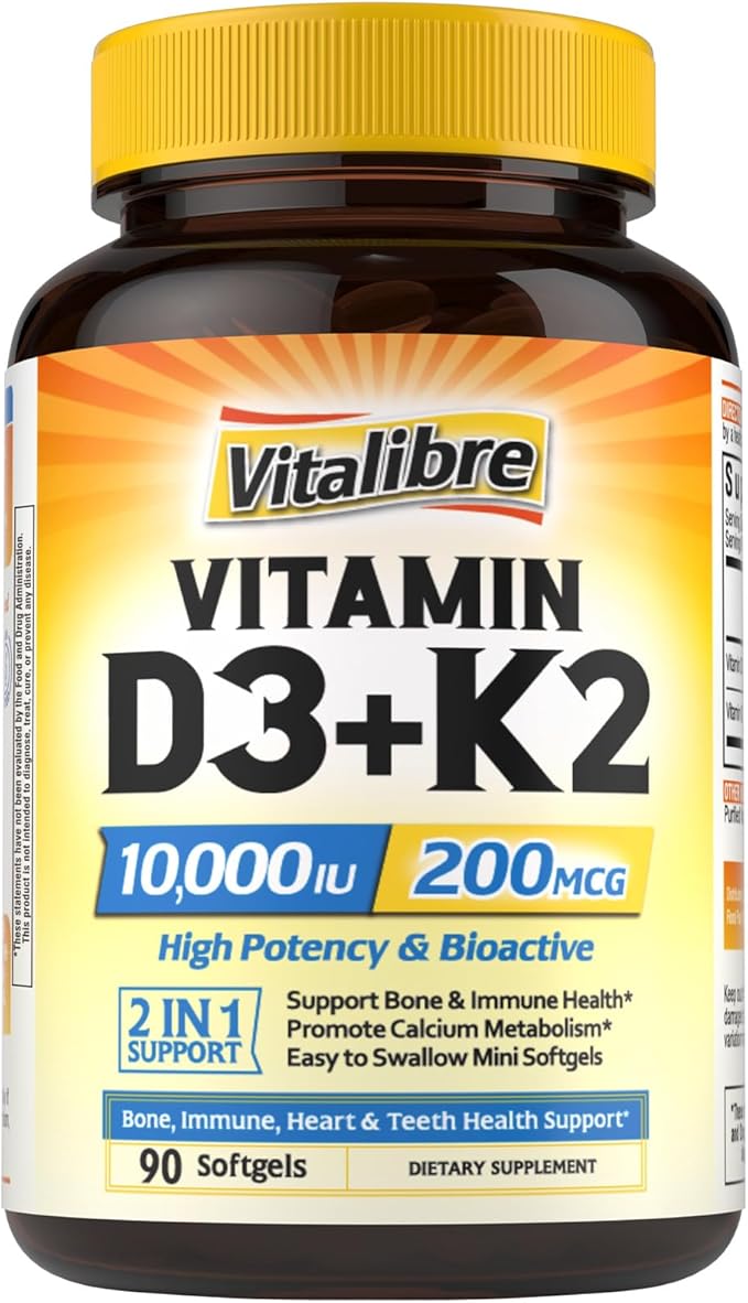 Vitamin D3 K2 Supplement, 10000 IU D3 / 200 mcg K2 MK7, Calcium Absorption, Bone, Heart, Immune & Mood Support, Enhanced Absorption, No Soy, Easy to Swallow, 90 Softgels