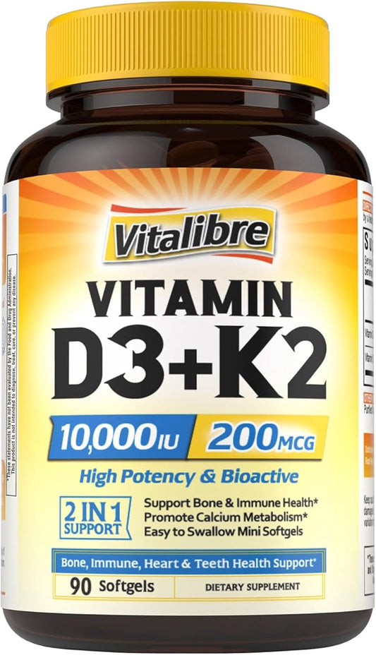 Vitamin D3 K2 Supplement, 10000 IU D3 / 200 mcg K2 MK7, Calcium Absorption, Bone, Heart, Immune & Mood Support, Enhanced Absorption, No Soy, Easy to Swallow, 90 Softgels