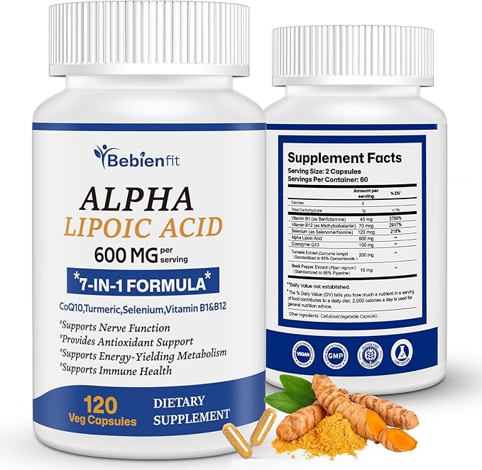 Alpha Lipoic Acid 600mg + CoQ10 & Active B1 & B12 – 7-in-1 Neuropathy Support – Fortify Nerves in Hands & Feet – Antioxidant, Cell Energy & Metabolism – Vegan, Gluten-Free, 120 Capsules
