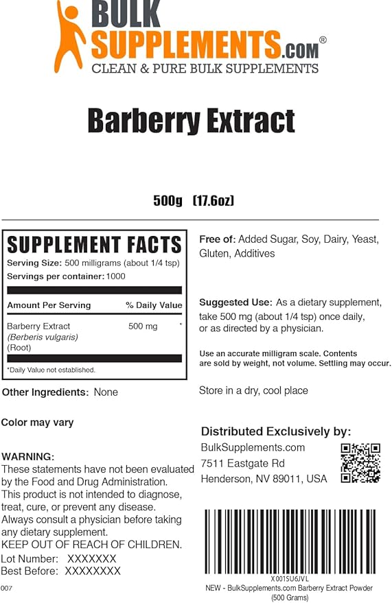 BulkSupplements.com Barberry Extract Powder - Barberry Sypplement, Herbal Supplement - Vegan & Gluten Free, 500mg per Serving, 500g (1.1 lbs) (Pack of 1)