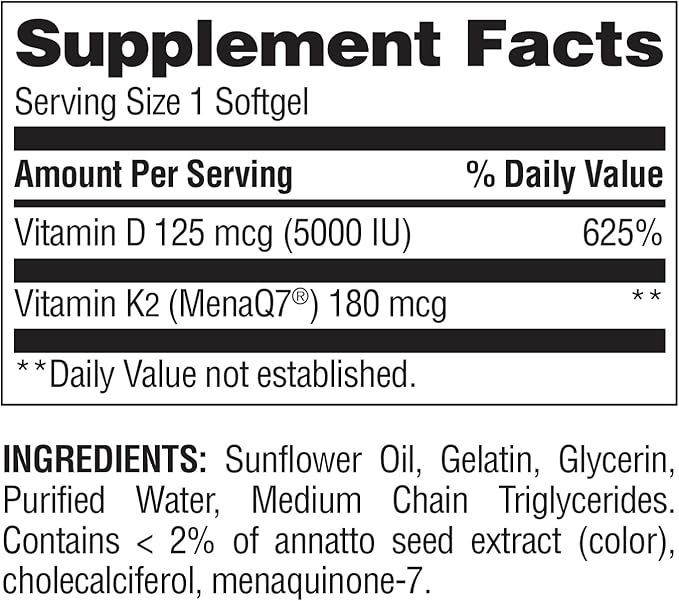 Nature's Wonder Vitamin K2 + D3 with MenaQ7 for Cardiovascular, Brain, Bone and Muscle Health, 120 Softgels, 120 Day Supply