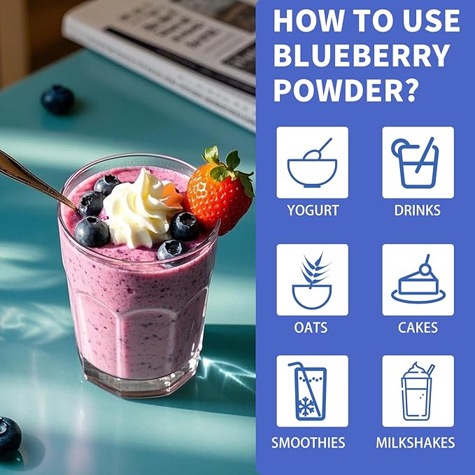 Blueberry Powder, 6.7OZ Freeze Dried Blueberry Pow der, Freeze Dried Fruit Powder, No Sugar & Additives, Great for Oatmeal, Cereal, Yogurt, Ice Cream, Pudding, Cookies, Cakes