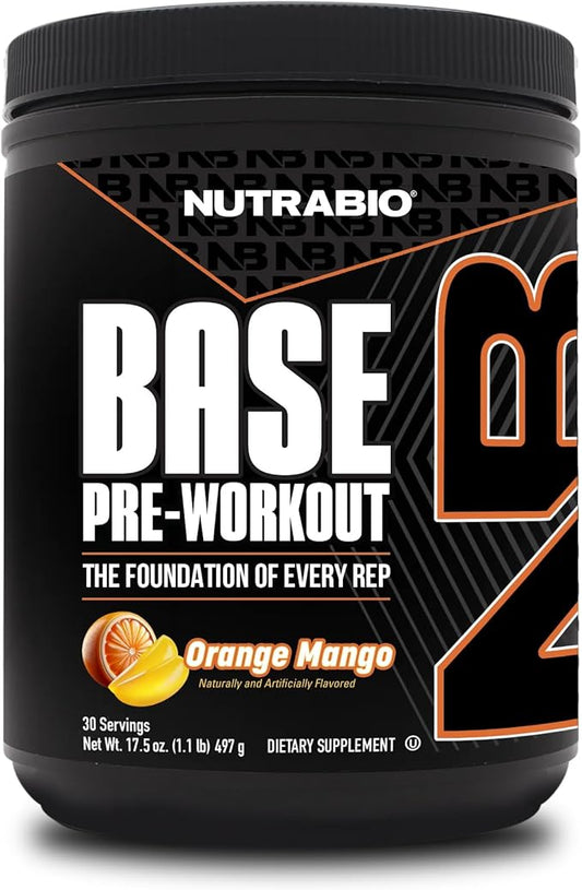 NutraBio Base Pre-Workout Powder 200mg Caffeine, Sustained Energy, Focus, Endurance, Pump, Sugar Free, Clean Preworkout for Men and Women - Beta Alanine, L-Tyrosine, 30 Servings - Orange Mango