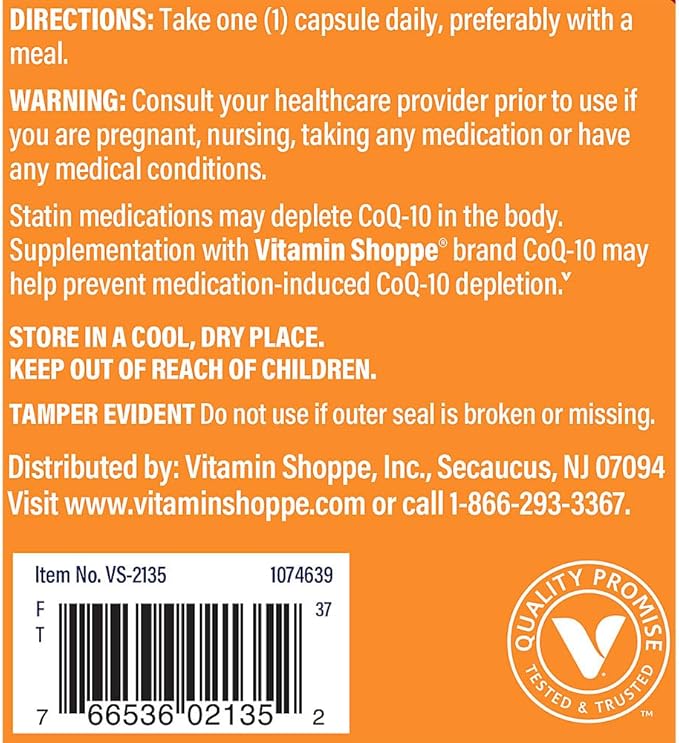 The Vitamin Shoppe CoQ-10 200mg - Beneficial for Those Taking Statins – Supports Heart & Cellular Health and Healthy Energy Production, Essential Antioxidant – Once Daily (120 Capsules)