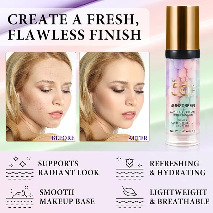 3 Color Sunscreen Concealer Cream, SPF50+ Face Moisturizing Sunscreen Skin Tone Correcting Isolation Cream, Even Skin Tone & Natural Radiance, Oil-Control & Hydrating Color Correcting Makeup Primer