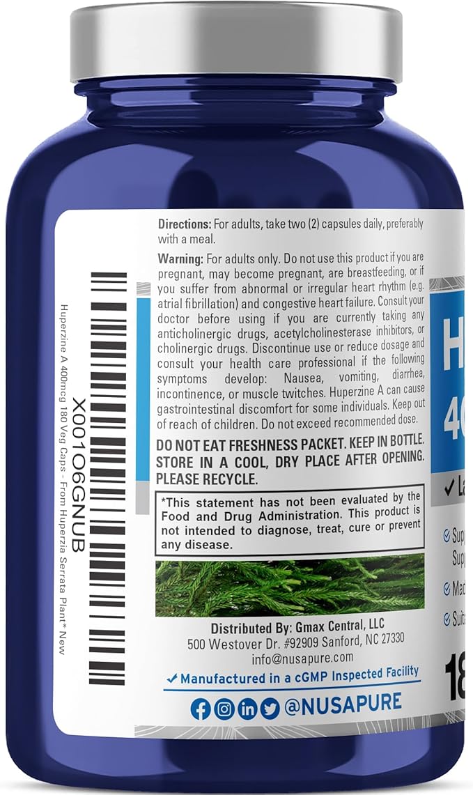 NusaPure Huperzine A 400mcg 180 Veggie Capsules (Vegetarian, Non-GMO, Vegan)