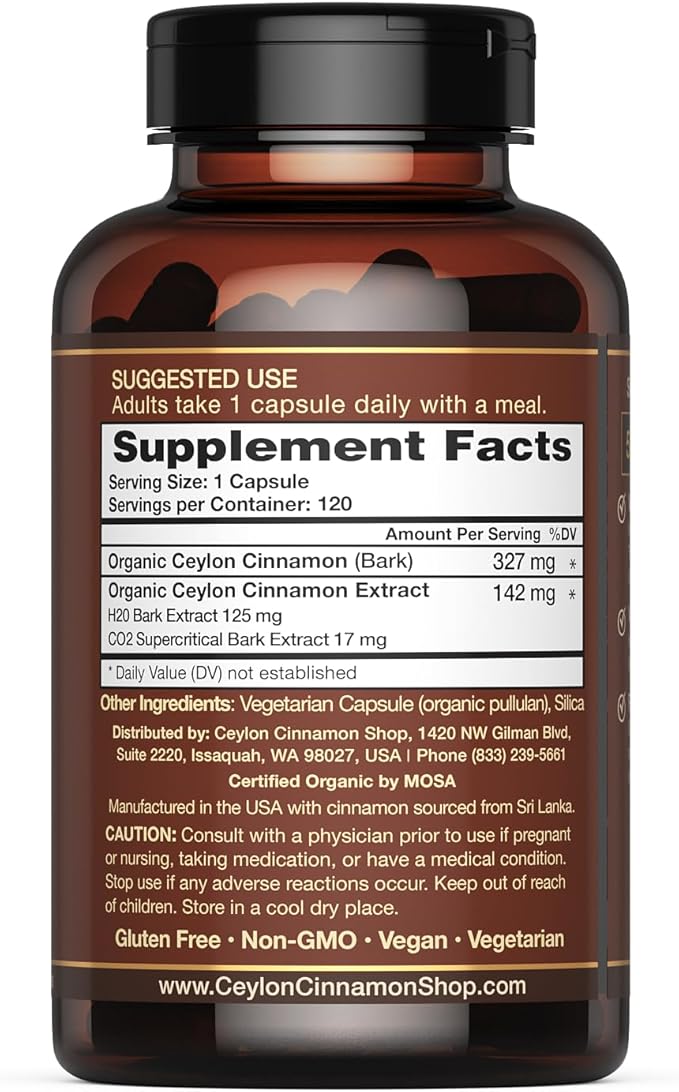 CinnaGuard™ Organic Ceylon Cinnamon Supplement 2500mg per Capsule | Extra Strength | 4 Month Supply | 120 Count - Non-GMO & Gluten Free Antioxidant