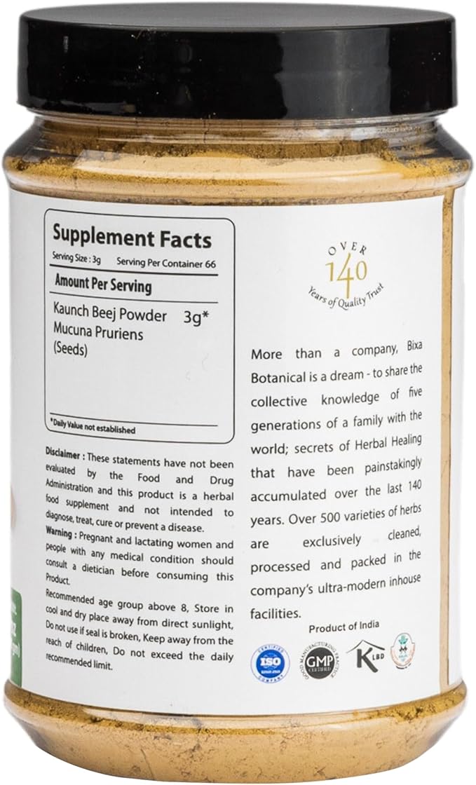 bixa BOTANICAL Mucuna Pruriens Powder | Velvet Bean Powder | Kapikacchu ǀ Ayurvedic Herbal Supplement ǀ Energy Booster | 200 Grams / 7 OZ | Gluten Free, Non-GMO, Steam Treated, Vegan, 100% Pure.