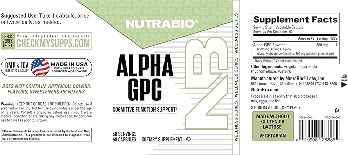 NutraBio Alpha GPC, Brain Support & Improved Memory Function, 300mg - 60 Vegetable Capsules