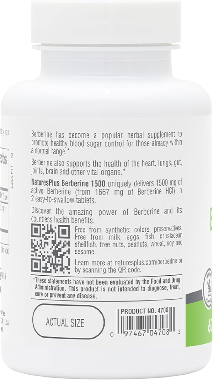 Natures Plus PRO Berberine 1500 mg - 60 Tablets - Supports Healthy Metabolism - Non-GMO, Vegan & Gluten Free - 30 Servings