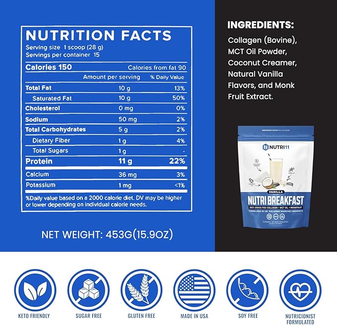 NutriBreakfast by Nutrillermo/Keto Protein Collagen Powder with MCT Oil/MCT Oil Powder with Collagen/Keto Collagen Peptides Powder with Grass-Fed Bovine Collagen Type I & III (15.9, Vanilla)
