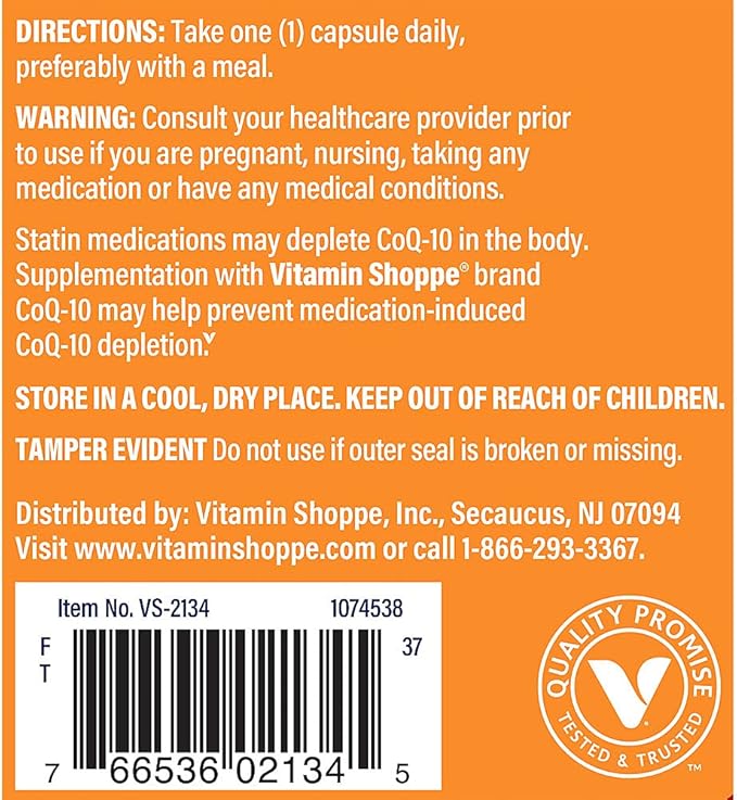 The Vitamin Shoppe CoQ-10 200mg - Beneficial for Those Taking Statins – Supports Heart & Cellular Health and Healthy Energy Production, Essential Antioxidant – Once Daily (60 Capsules)