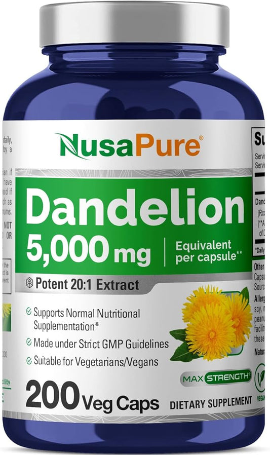 NusaPure Dandelion Root 20:1 Extract, 250 mg Equivalent to 5000mg 200 Veggie Capsules (Non-GMO)
