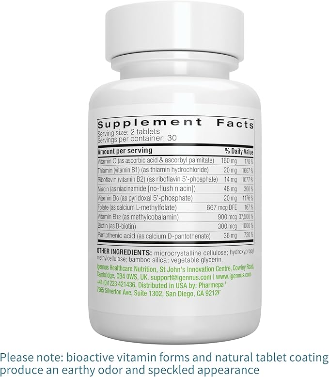 Igennus Super B-Complex Methylated B Vitamins, All Day Nutrient Delivery, Clean Label, MTHFR Supplement with Methylfolate & B12 Methylcobalamin, Vegan, Lab Verified, 60 Small Tablets