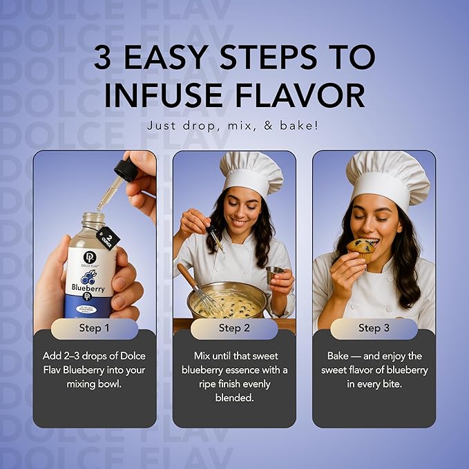 Dolce Flav Blueberry Extract – 2 Ounce Oil-Soluble Kosher, Sugar-Free, Concentrated Ripe Blueberry Flavoring for Baking, Chocolates & Desserts, Includes Measured Dropper