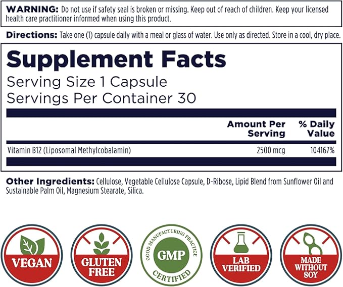 KAL Liposomal Vitamin B12 2500 mcg, High Absorption, Liposomal Technology, Cellular Energy Support, Vegan Capsules, Gluten Free, Made Without Soy, 30 Servings