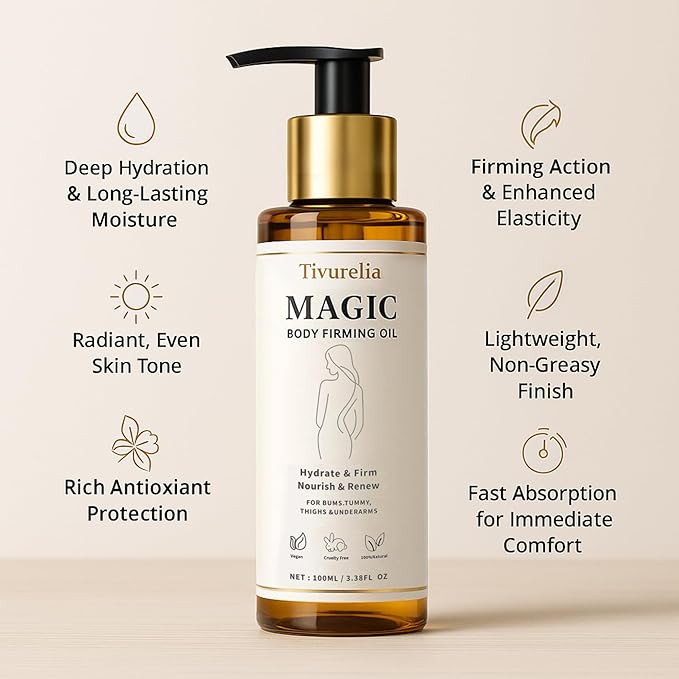 Magic Body Firming Oil – 50,000ppm Sweet Almond Oil + Rosehip & Evening Primrose Oils with Vitamin E & Essential Oils, Deep Hydration, Firming & Radiance, Lightweight Non-Greasy, 3.38 fl oz