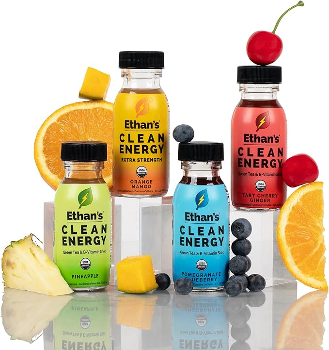Ethan's Organic Clean Energy Shots Tart Cherry Ginger, Sugar Free Natural Pre-Workout Focus Boost, Gluten Free, Vegan, B6 & B12 Vitamin C with Green Tea Extract and Guayusa (12 Pack of 2oz Shots)