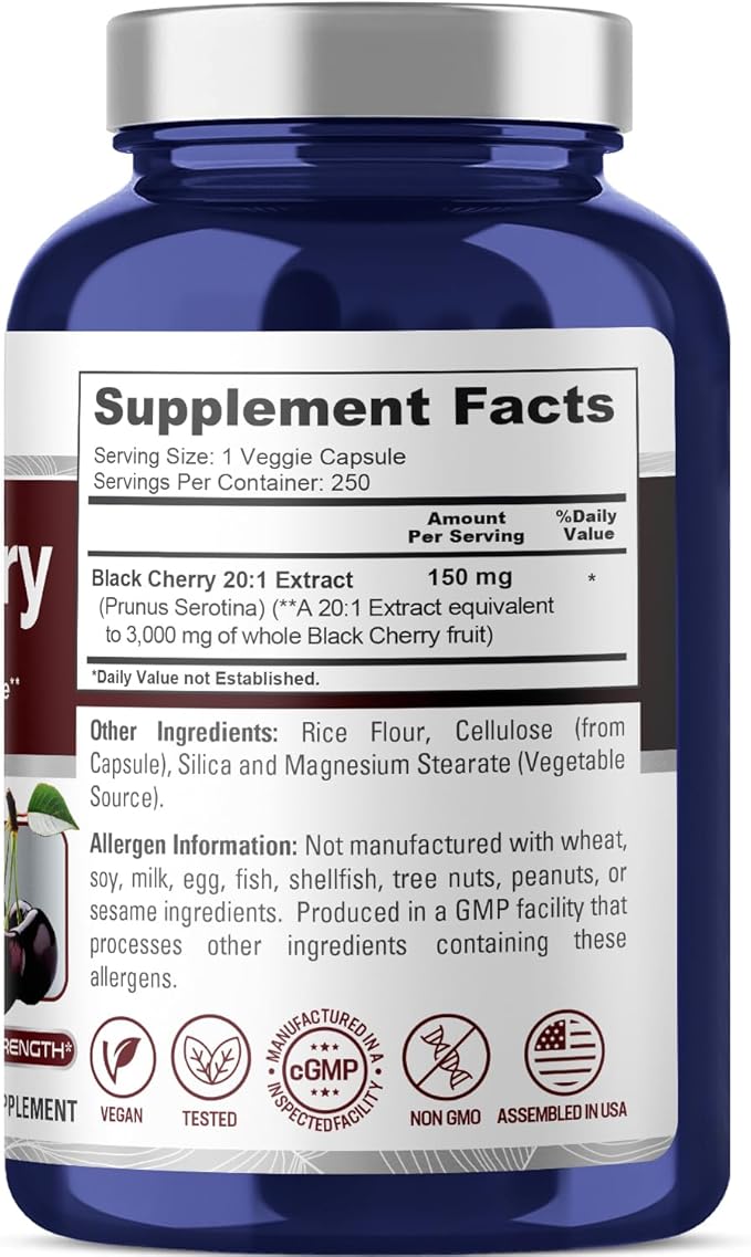 NusaPure Black Cherry Extract 3,000mg 250 Veggie Capsules Max Potency, Non-GMO, Bioperine