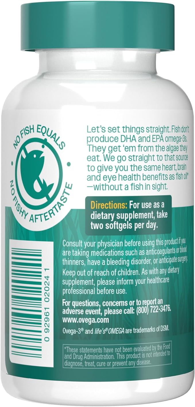 OVEGA-3 Plant-Based Omega-3 from Algal Oil Daily Supplement, 500mg, Supports Brain, Eye & Heart Health, Two mini softgels per Day, 60 Count