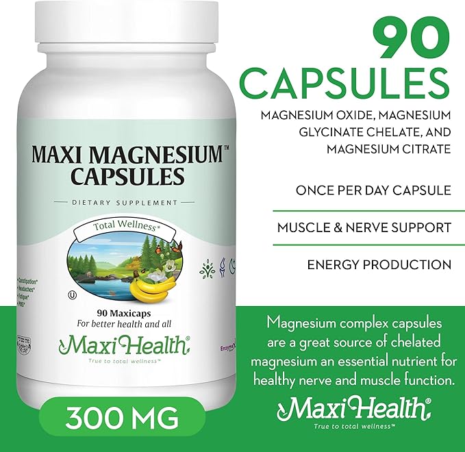 Maxi Health Magnesium Capsules - Energy Production - Muscle & Nerve Health - Bone Support - Magnesium Supplement from Magnesium Oxide, Magnesium Glycinate Chelate and Magnesium Citrate - 90 Count by Maxi Health