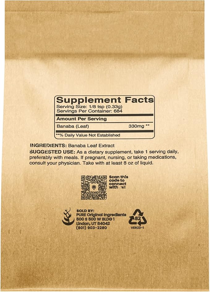 PURE ORIGINAL INGREDIENTS Banaba Leaf Powder (8 oz) Always Pure, No Fillers or Additives, Non GMO