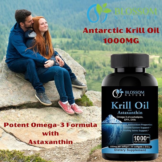 Antarctic Krill Oil 1000mg Softgels with Astaxanthin – Omega-3 EPA & DHA Supplement for Heart, Brain, and Joint Health in Form of Phospholipids– 60 Vanilla-Flavored Softgels