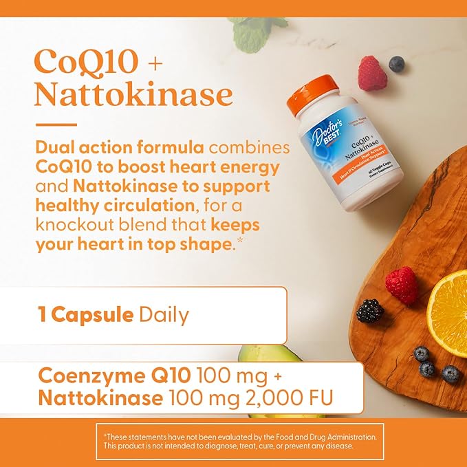 Doctor’s Best CoQ10 100 mg + Nattokinase 2,000FU, Supports Heart & Circulation Support, Non-GMO, Gluten Free, Vegan, 60 Veggie Caps