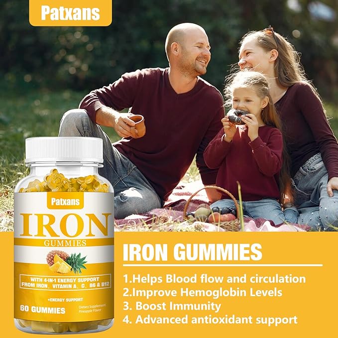2 Packs 100MG Iron Supplement Gummies for Women & Men - with Vitamin A, C, B - Energy Support for Iron Deficiency, Anemia, Adults ＆ Children, Pineapple Flavor Gummy, 120ct.