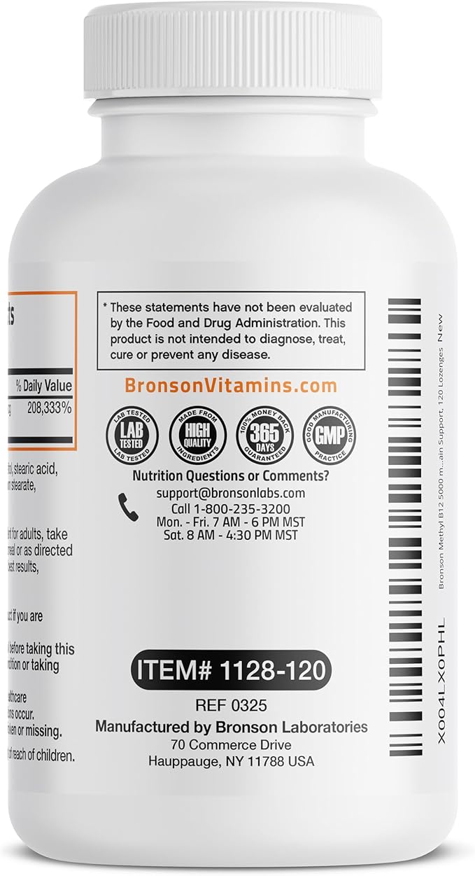 Bronson Methyl B12 5000 mcg Vitamin B12 Methylcobalamin Energy & Brain Support, 120 Lozenges