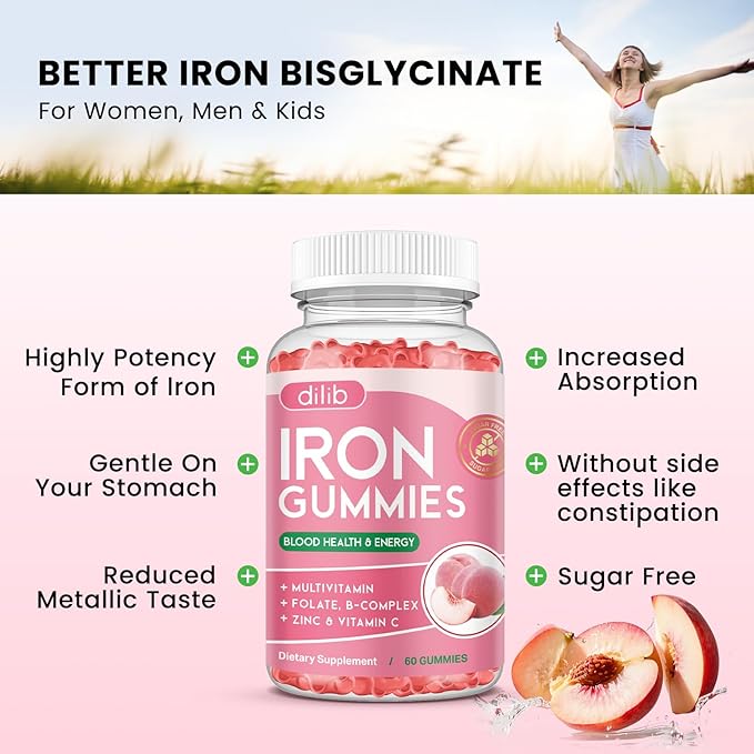 Iron Gummies with Multivitamin, Iron Supplement for Women & Men, Kids Multivitamin with Zinc, Vitamin B Complex & C, B12, Folate - Blood Builder, Energy Support, Peach Flavor, Vegan 120 Gummies