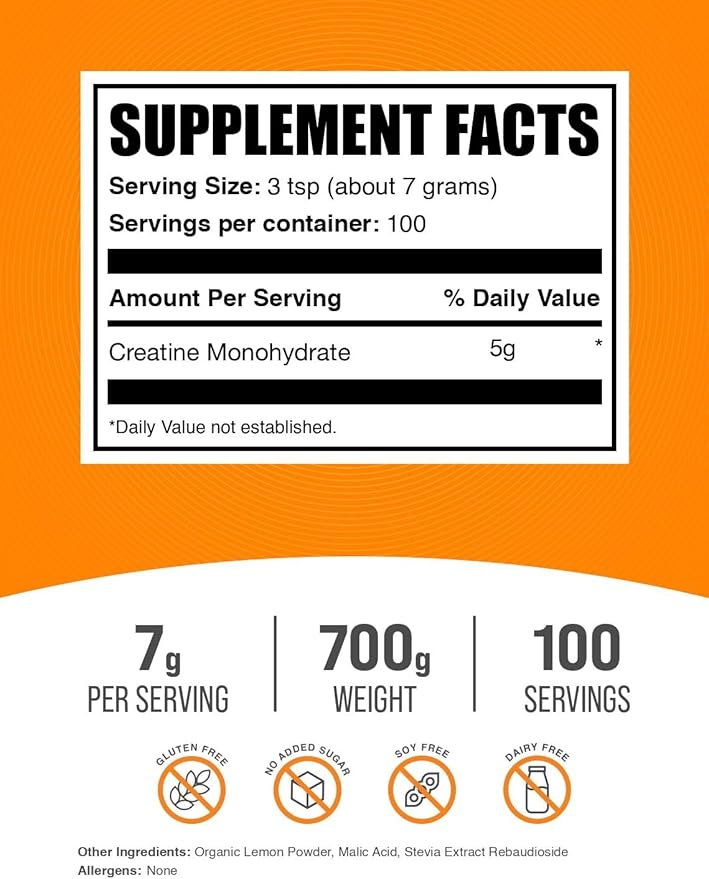 BulkSupplements.com Creatine Monohydrate Powder - Creatine Flavored Powder Supplement, Micronized - Lemon Italian Ice Flavor, 7g per Serving, 700g (1.5 lbs) (Pack of 1)
