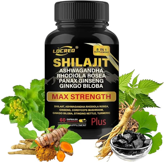 Shilajit Capsules for Men & Women, 8 in 1, with Shilajit 18000 mg, Ashwagandha, Ginseng, Ginkgo, Rhodiola, Cordiceps, Natural Energy & Stamina Supplement for Men, 60 Capsules.