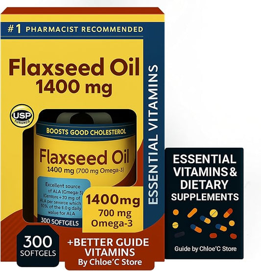 Nature Flaxseed Oil 1400mg (300 Softgels) Natures Mades | Plant-Based Omega-3 ALA Supplement | Bundle with Essential Vitamins Guide by R&C Store