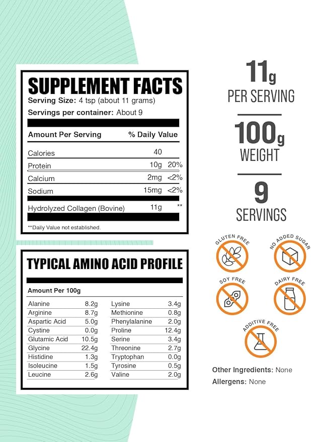 BulkSupplements.com Collagen Peptides Powder - Bovine Collagen Powder, Powdered Collagen Supplement - Hydrolyzed & Gluten Free, 11g per Serving, 100g (3.5 oz) (Pack of 1)