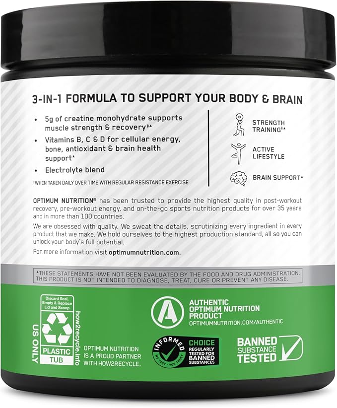 Optimum Nutrition Creatine Monohydrate Plus Powder, Strawberry Peach Flavored Creatine Performance Blend, with Electrolytes for Hydration, Added Vitamins, 40 Servings, 360 Grams (Packaging May Vary)