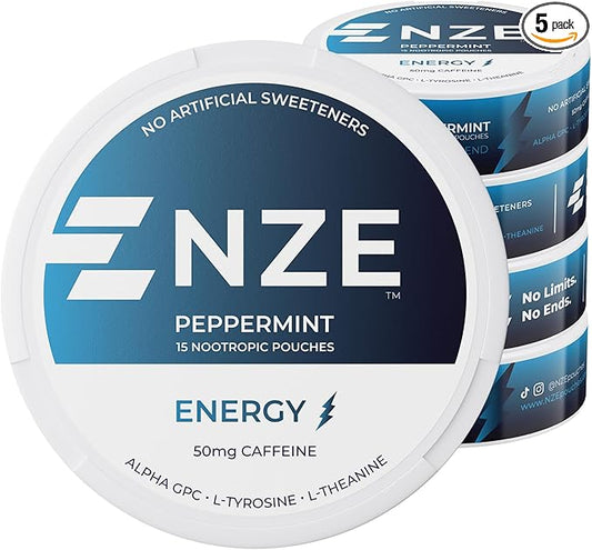 NZE Caffeine Nootropic Pouches (Peppermint) - Energy Pouches with 50mg Caffeine, Alpha GPC, L-Tyrosine & L-Theanine with No Sugar or Artificial Sweeteners - 15 Nicotine Free Pouches Per Can - 5 Pack