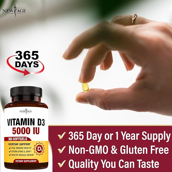 NEW AGE Vitamin D3 5000 IU 125mcg Softgels - Support Immune Support, Strong Bone Health - Non-GMO, Gluten-Free, Dairy-Free,1 Year Supply (360 Softgels (Pack of 1))