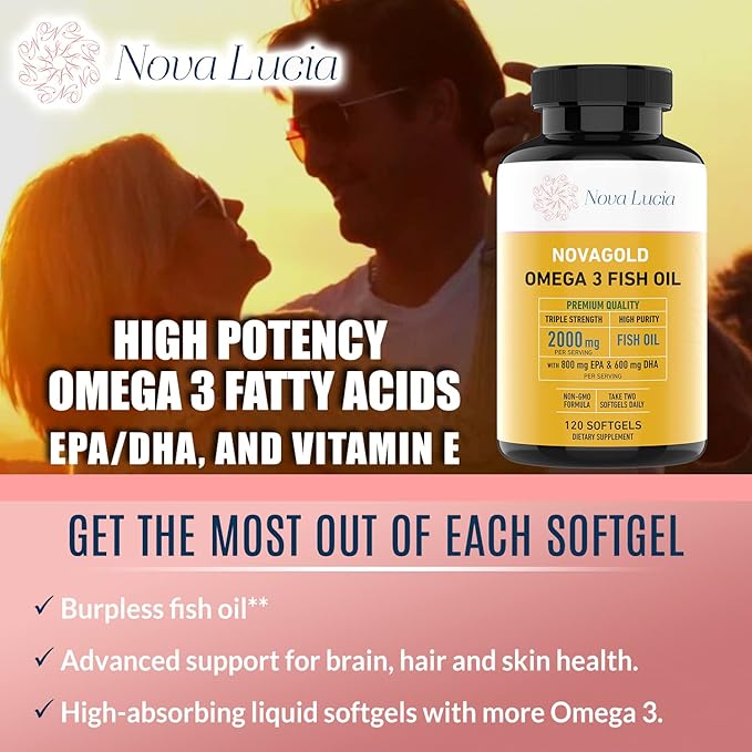 NovaGold Omega 3 Fish Oil – 2000mg High Strength EPA DHA Supplement – Burpless, Easy to Swallow Softgels – Supports Heart, Brain, Joints, Immune & Skin – Non-GMO – 120 Liquid Capsules