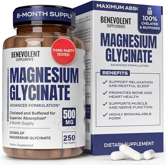 Magnesium Glycinate 500mg - Chelated & Buffered High Absorption Magnesium Supplement to Support Stress Relief, Digestion, Bone, Sleep, Nerves & Muscle Health - Made in USA - 250 Vegan Capsules