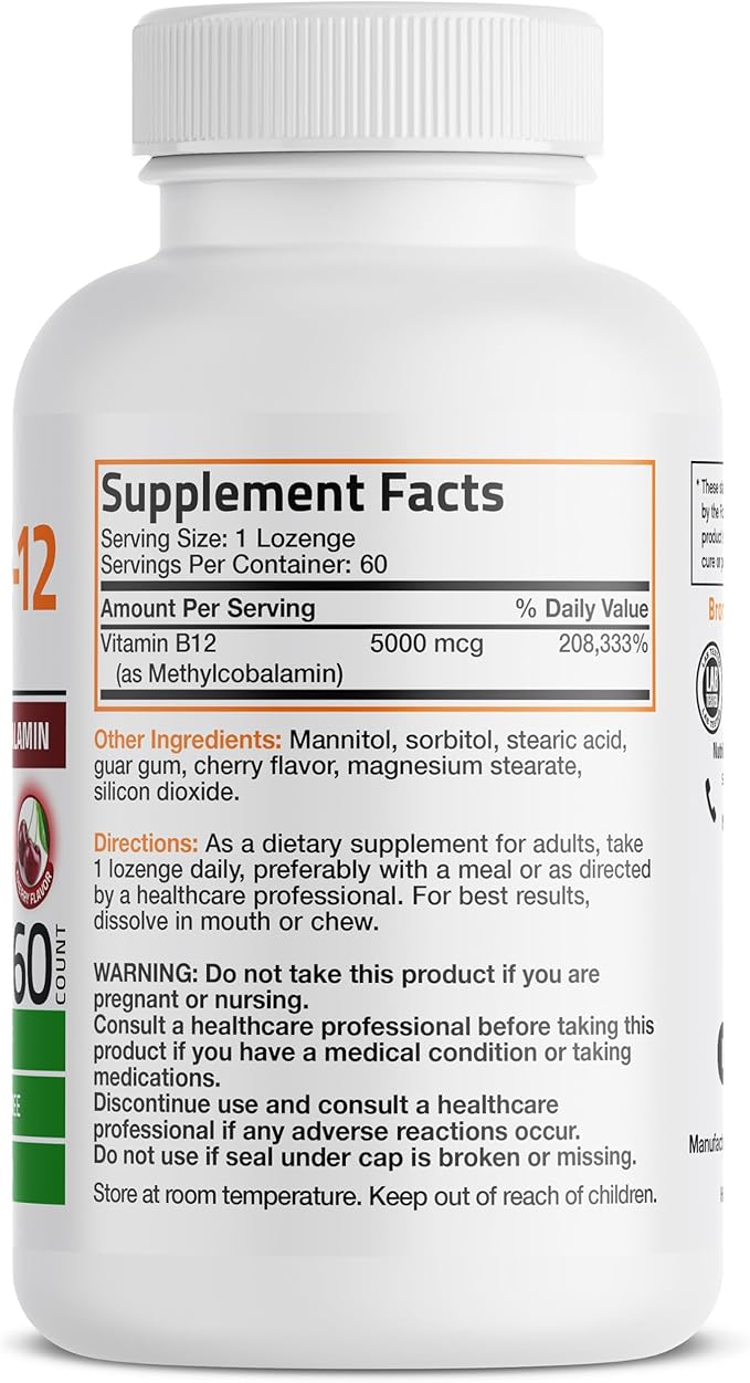 Bronson Methyl B12 5000 mcg Vitamin B12 Methylcobalamin Energy & Brain Support 60 Lozenges