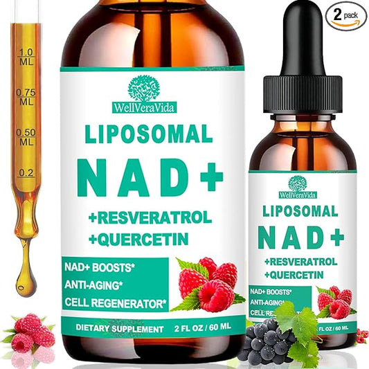 2 Pack NAD+ Supplements for Women & Men, Liposomal NAD+ Nicotinamide Riboside Resveratrol 900mg, TMG, Quercetin, Vitamin B3, Organic Liquid NAD+ Resveratrol Supplement for Longevity