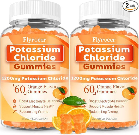 2 Pack Potassium Gummies, Potassium Chloride 1200mg for Adults, Sugar-Free Potassium Supplement Gummies Support Electrolyte Balance & Leg Cramps for Women & Men, Orange Flavor, Vegan, 120 Count